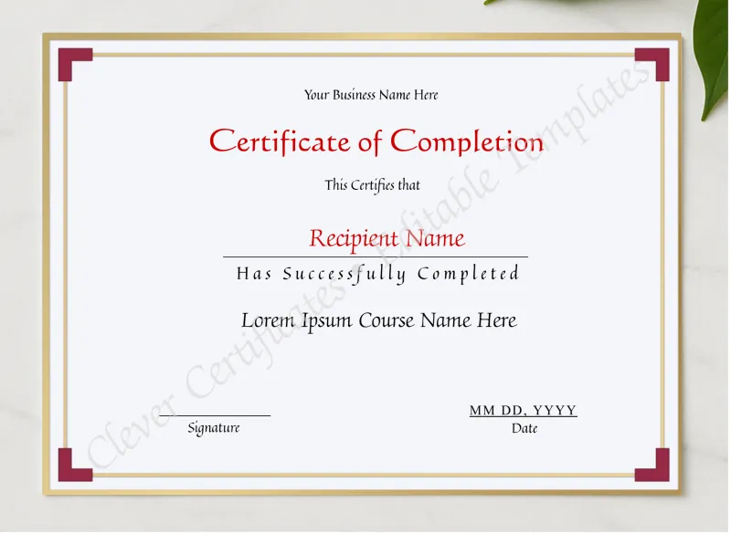 Printable Certificate Of Completion presented in a sleek wooden frame, elegantly arranged on a stylish table.