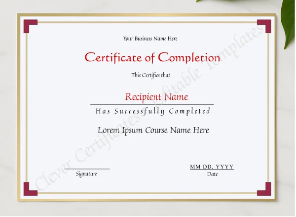 Printable Certificate Of Completion presented in a sleek wooden frame, elegantly arranged on a stylish table.