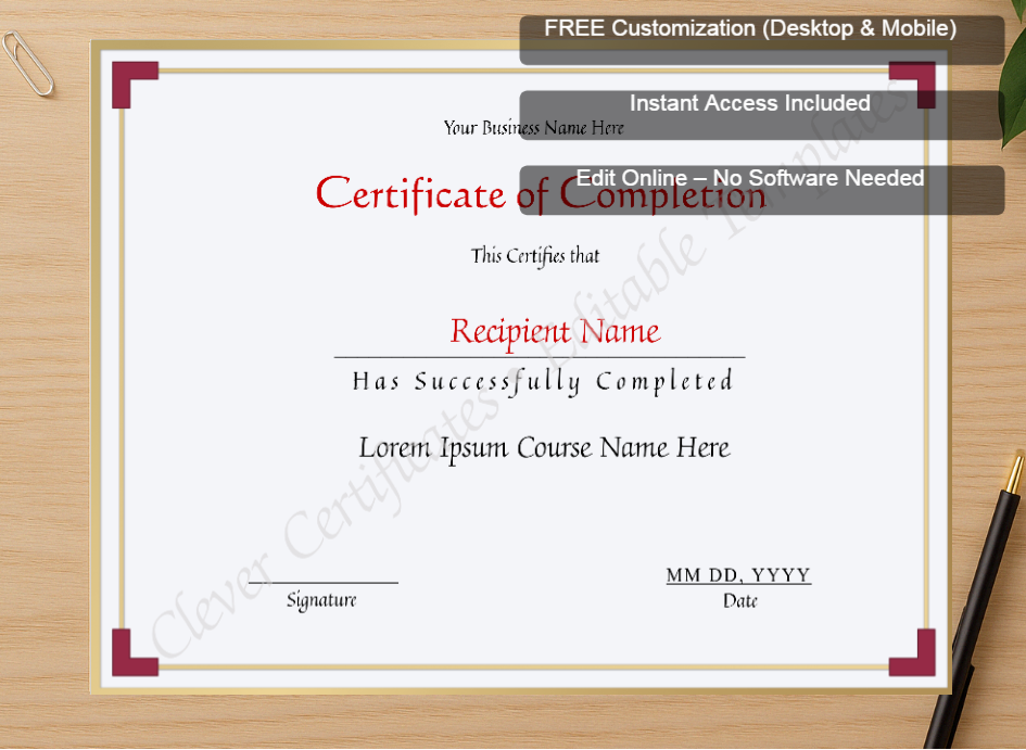 Zoomed preview with Free Editor badge stack for Printable Certificate Of Completion