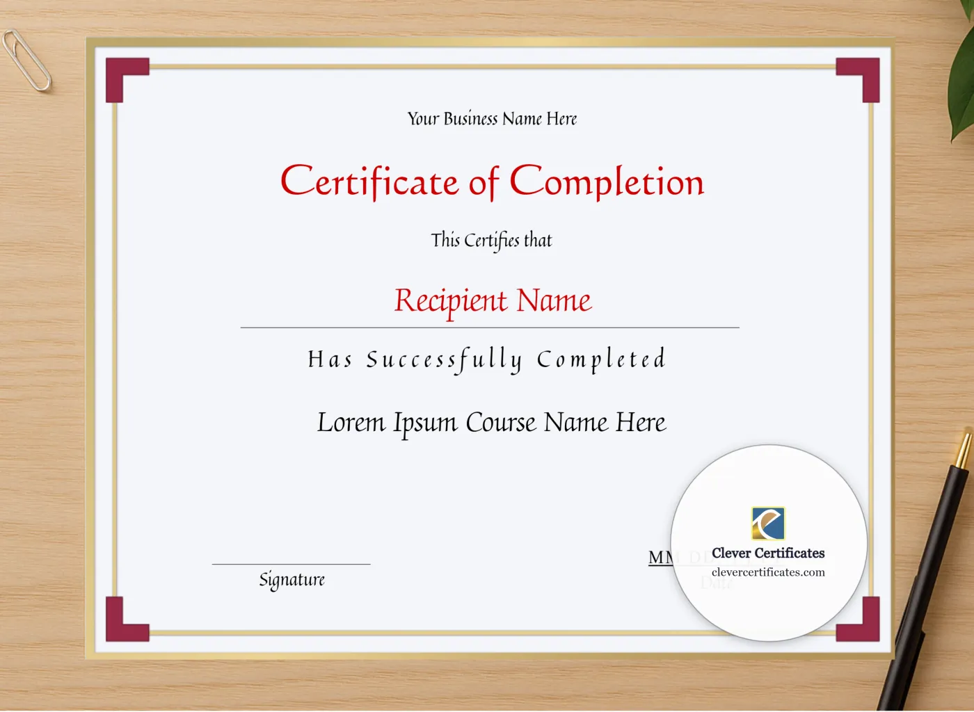 Professional preview of Printable Certificate Of Completion certificate on high-quality stationery paper, ideal for showcasing the final look.