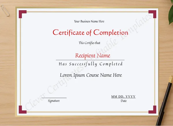 Professional preview of Printable Certificate Of Completion certificate on high-quality stationery paper, ideal for showcasing the final look.