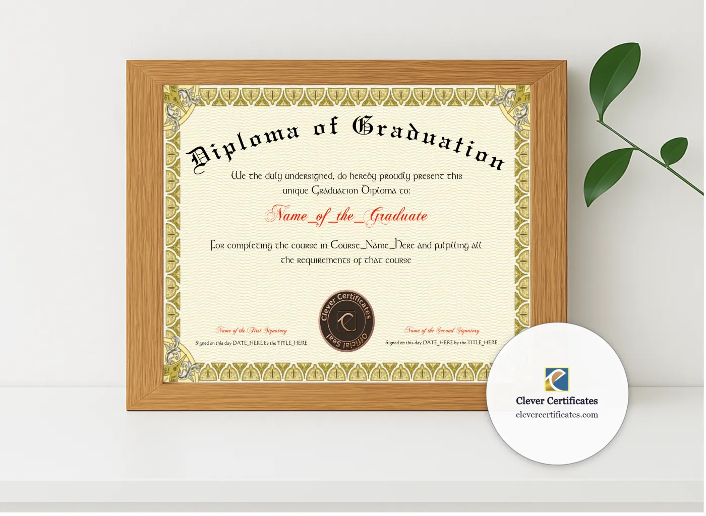 Realistic mockup featuring Diploma Of Graduation displayed within a modern frame, set against a minimalistic background.