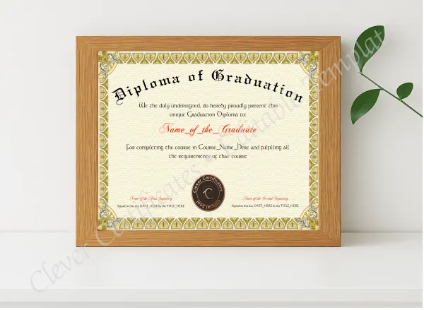 Realistic mockup featuring Diploma Of Graduation displayed within a modern frame, set against a minimalistic background.