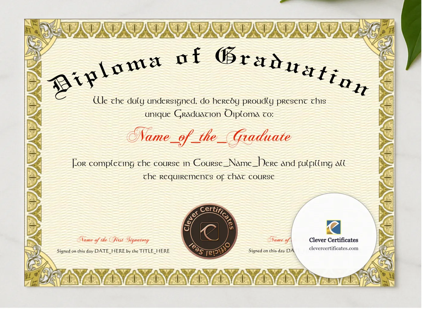 Diploma Of Graduation presented in a sleek wooden frame, elegantly arranged on a stylish table.