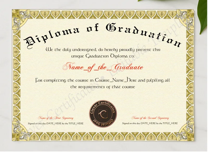 Diploma Of Graduation presented in a sleek wooden frame, elegantly arranged on a stylish table.