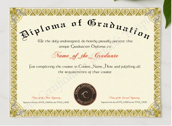 Diploma Of Graduation presented in a sleek wooden frame, elegantly arranged on a stylish table.