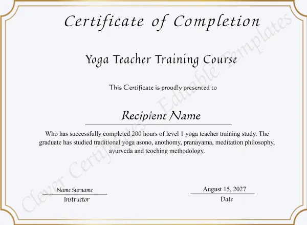 Yoga Teacher Training Course Completion Certificate