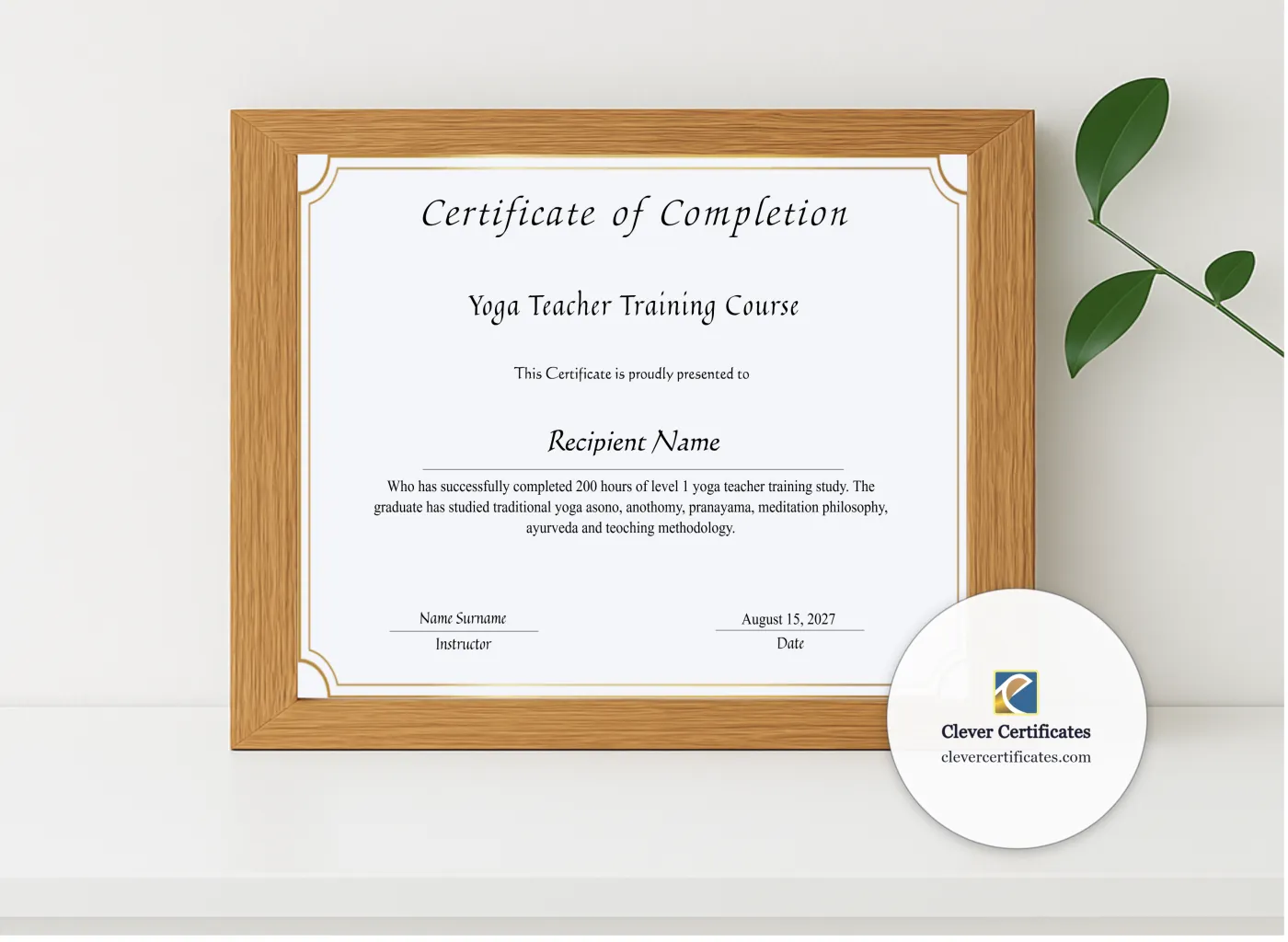 Realistic mockup featuring Yoga Teacher Training Course Completion Certificate displayed within a modern frame, set against a minimalistic background.