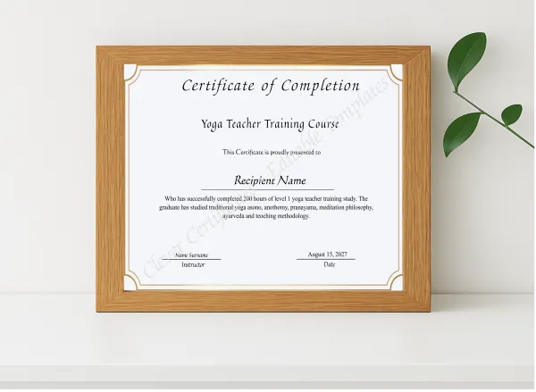 Realistic mockup featuring Yoga Teacher Training Course Completion Certificate displayed within a modern frame, set against a minimalistic background.