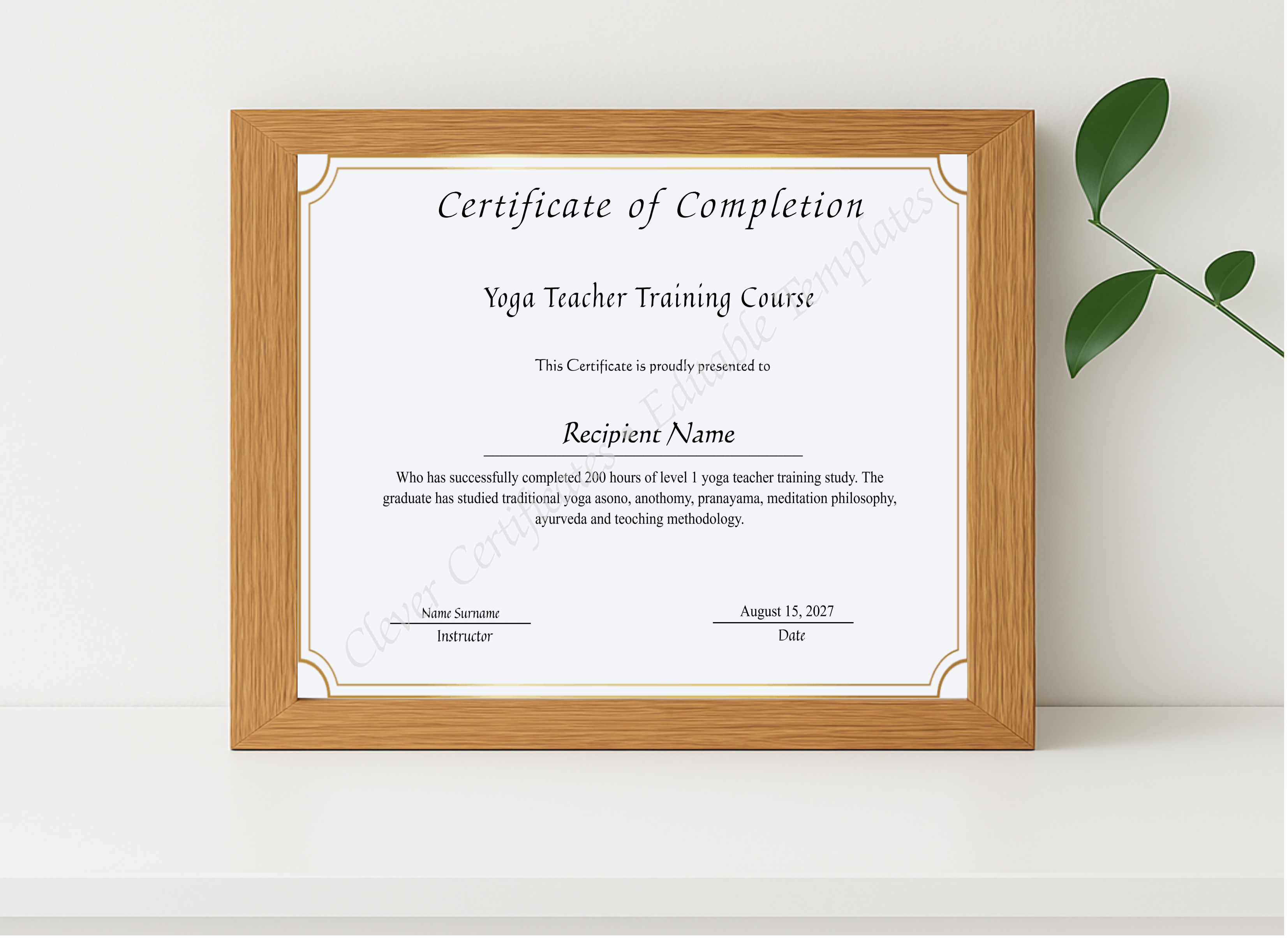 Realistic mockup featuring Yoga Teacher Training Course Completion Certificate displayed within a modern frame, set against a minimalistic background.
