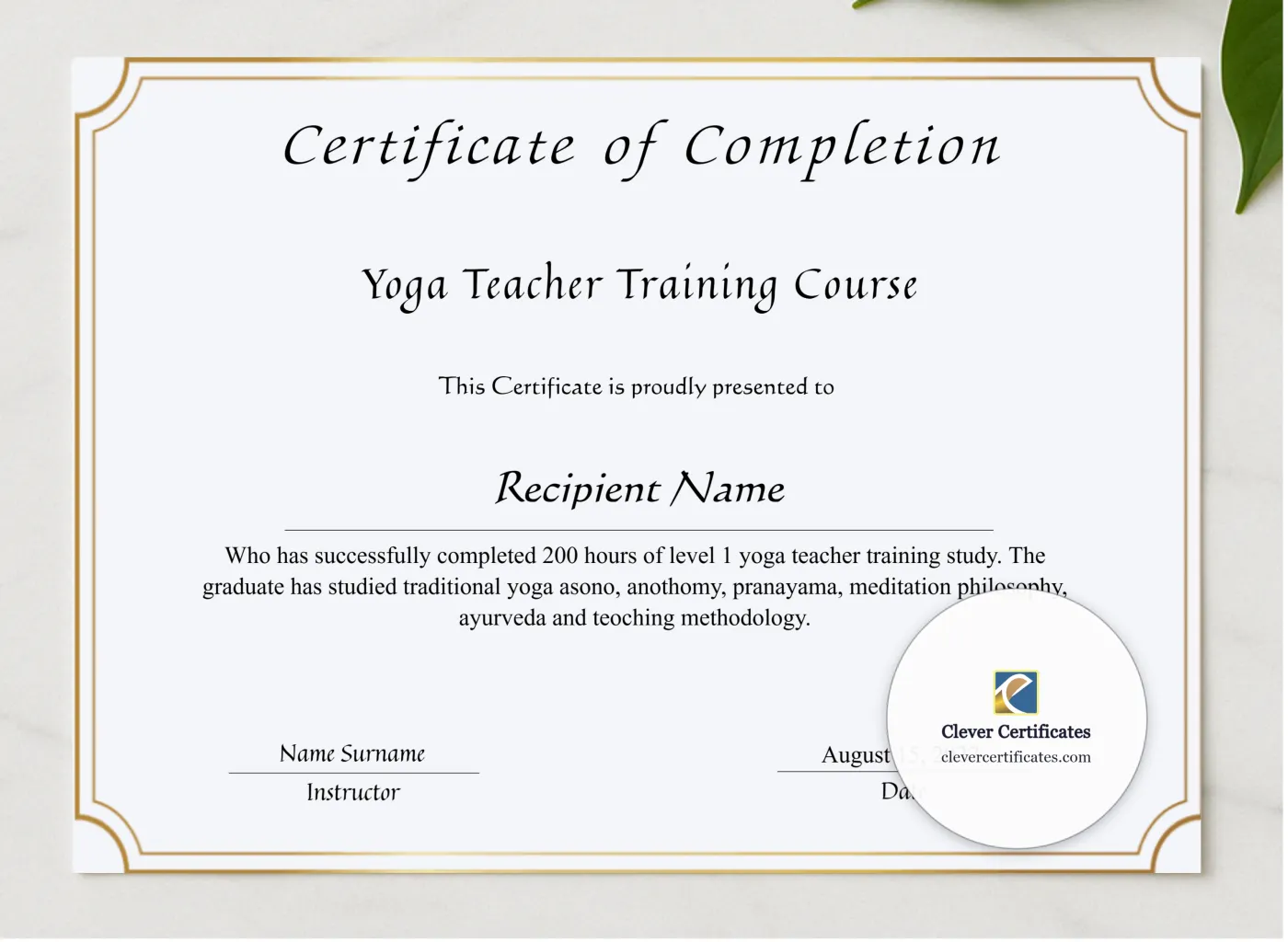 Yoga Teacher Training Course Completion Certificate presented in a sleek wooden frame, elegantly arranged on a stylish table.