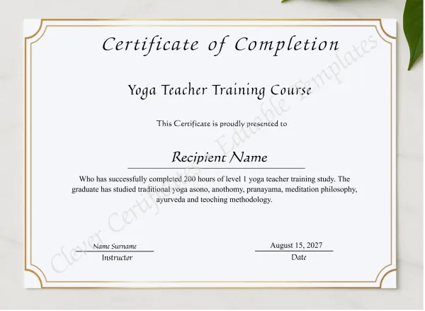 Yoga Teacher Training Course Completion Certificate presented in a sleek wooden frame, elegantly arranged on a stylish table.