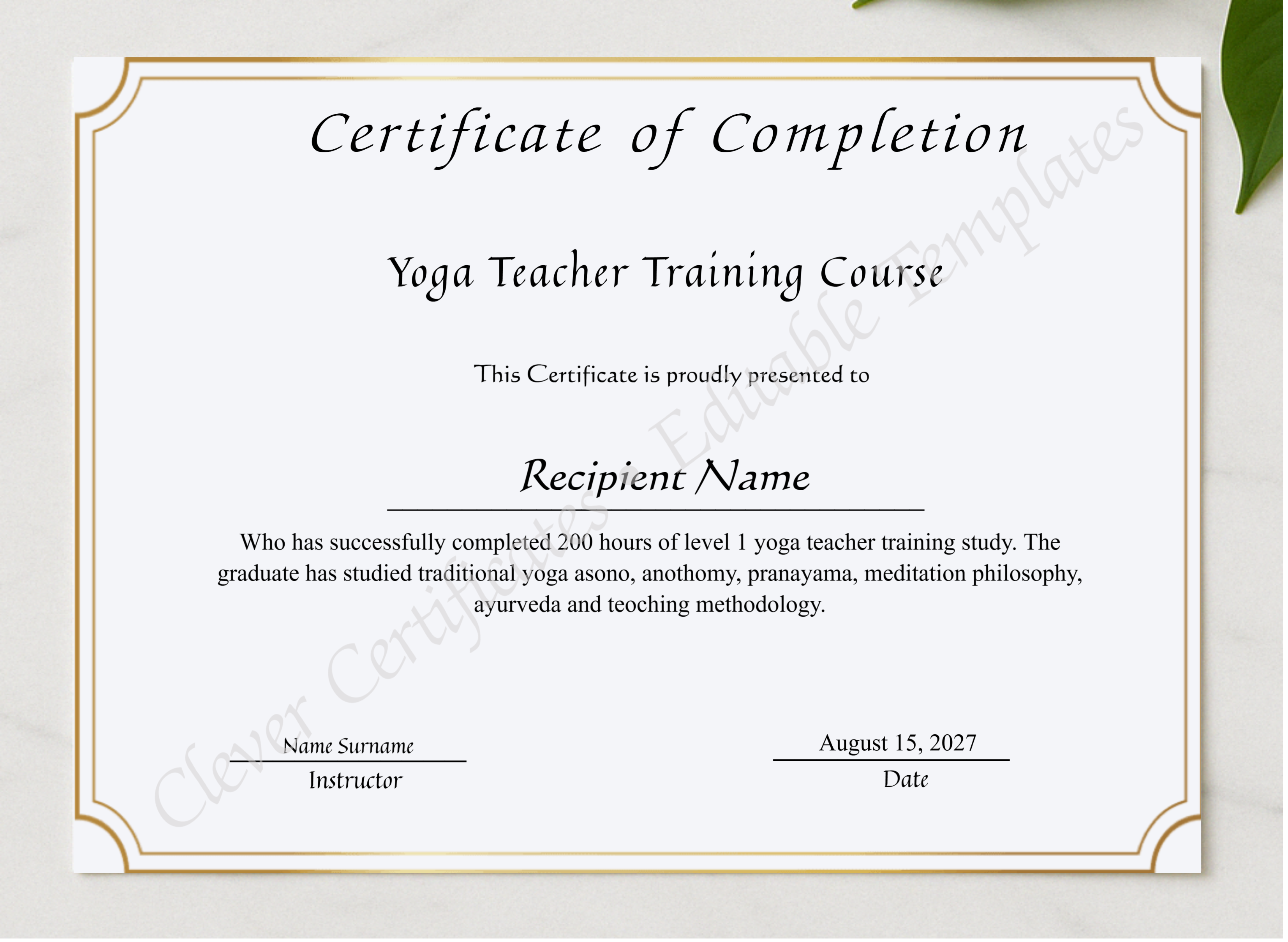 Yoga Teacher Training Course Completion Certificate presented in a sleek wooden frame, elegantly arranged on a stylish table.