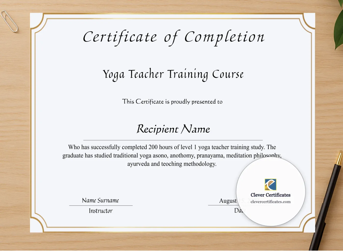 Professional preview of Yoga Teacher Training Course Completion Certificate certificate on high-quality stationery paper, ideal for showcasing the final look.