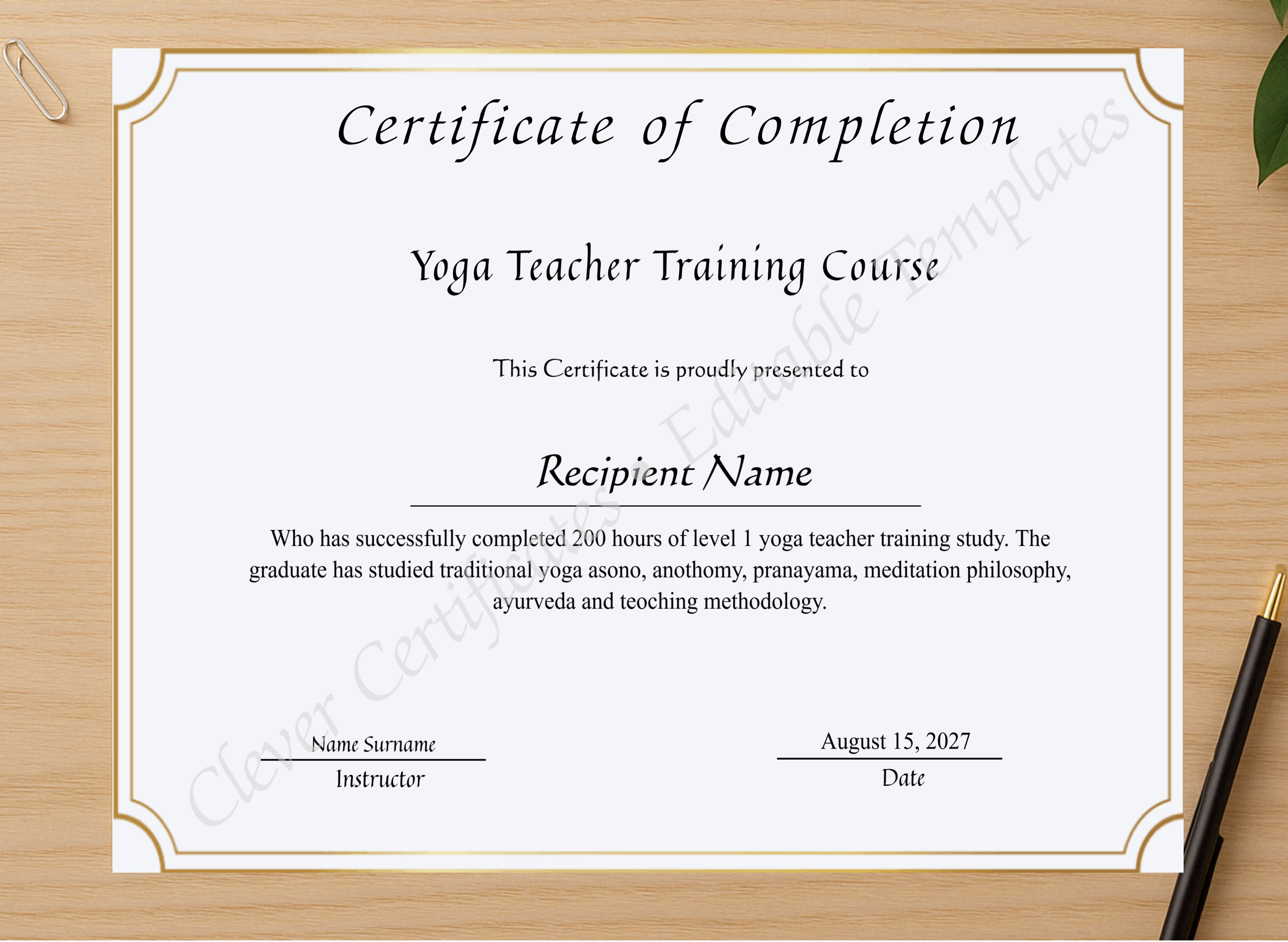 Professional preview of Yoga Teacher Training Course Completion Certificate certificate on high-quality stationery paper, ideal for showcasing the final look.