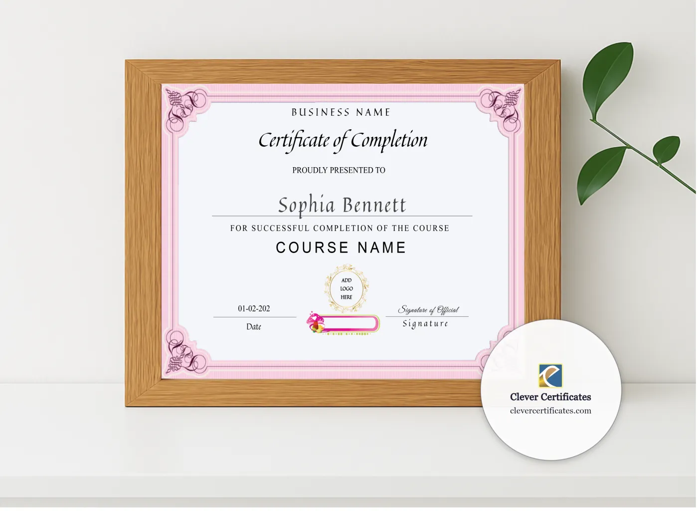Realistic mockup featuring Makeup Artist Course Completion Certificate displayed within a modern frame, set against a minimalistic background.