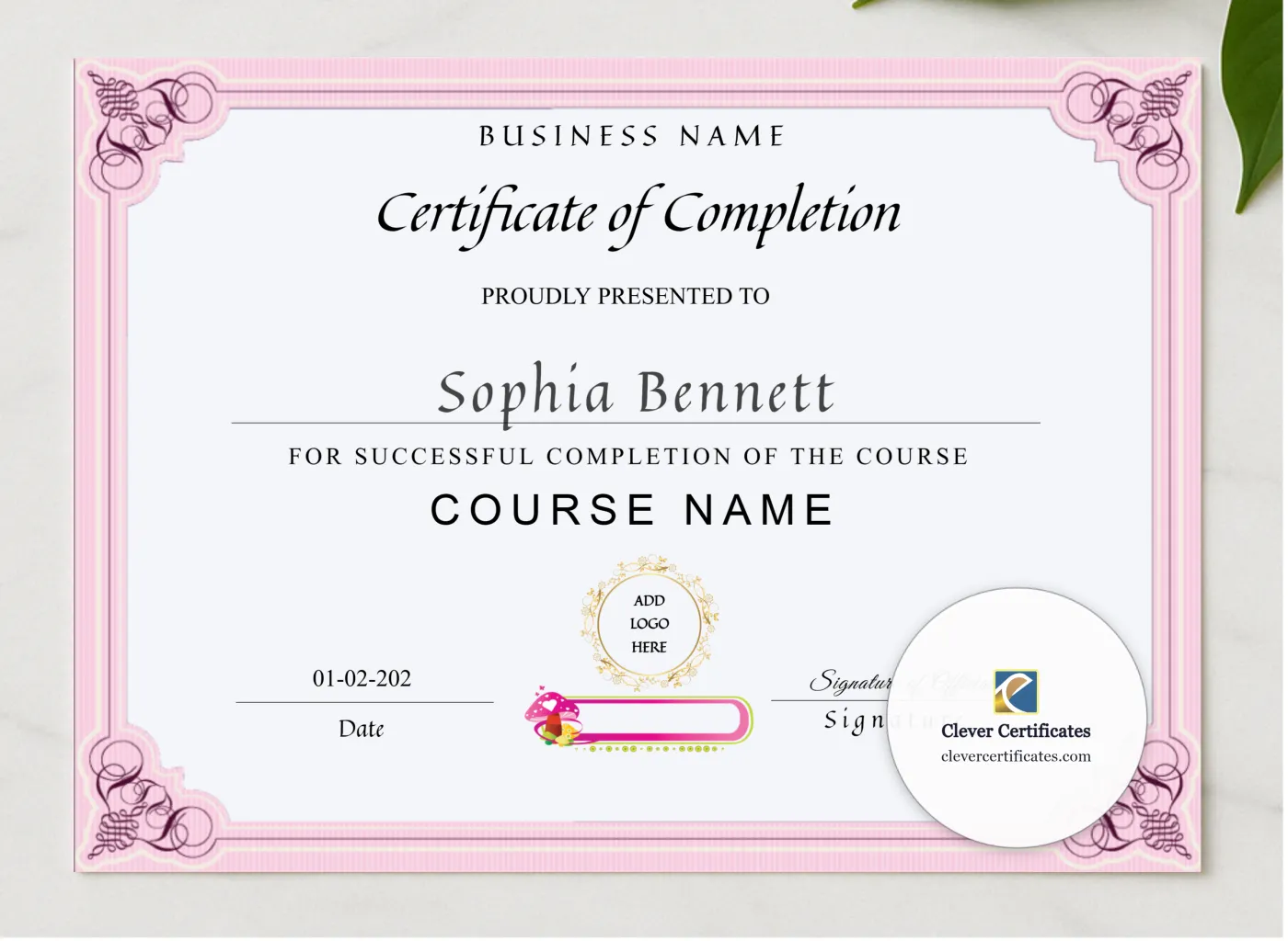 Makeup Artist Course Completion Certificate presented in a sleek wooden frame, elegantly arranged on a stylish table.