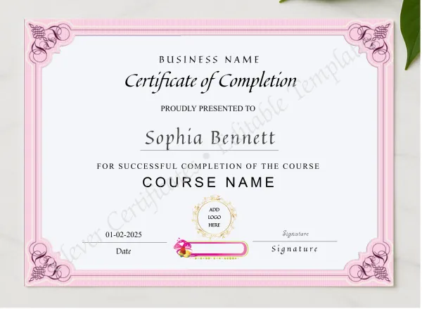 Makeup Artist Course Completion Certificate presented in a sleek wooden frame, elegantly arranged on a stylish table.