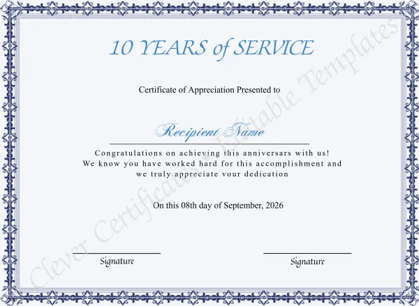 Certificate Of 10 Years Of Service