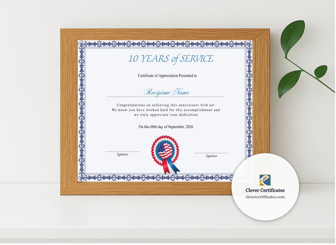 Realistic mockup featuring Certificate Of 10 Years Of Service displayed within a modern frame, set against a minimalistic background.