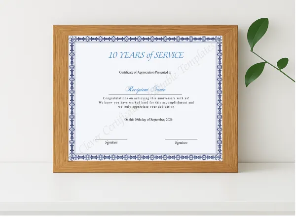 Realistic mockup featuring Certificate Of 10 Years Of Service displayed within a modern frame, set against a minimalistic background.