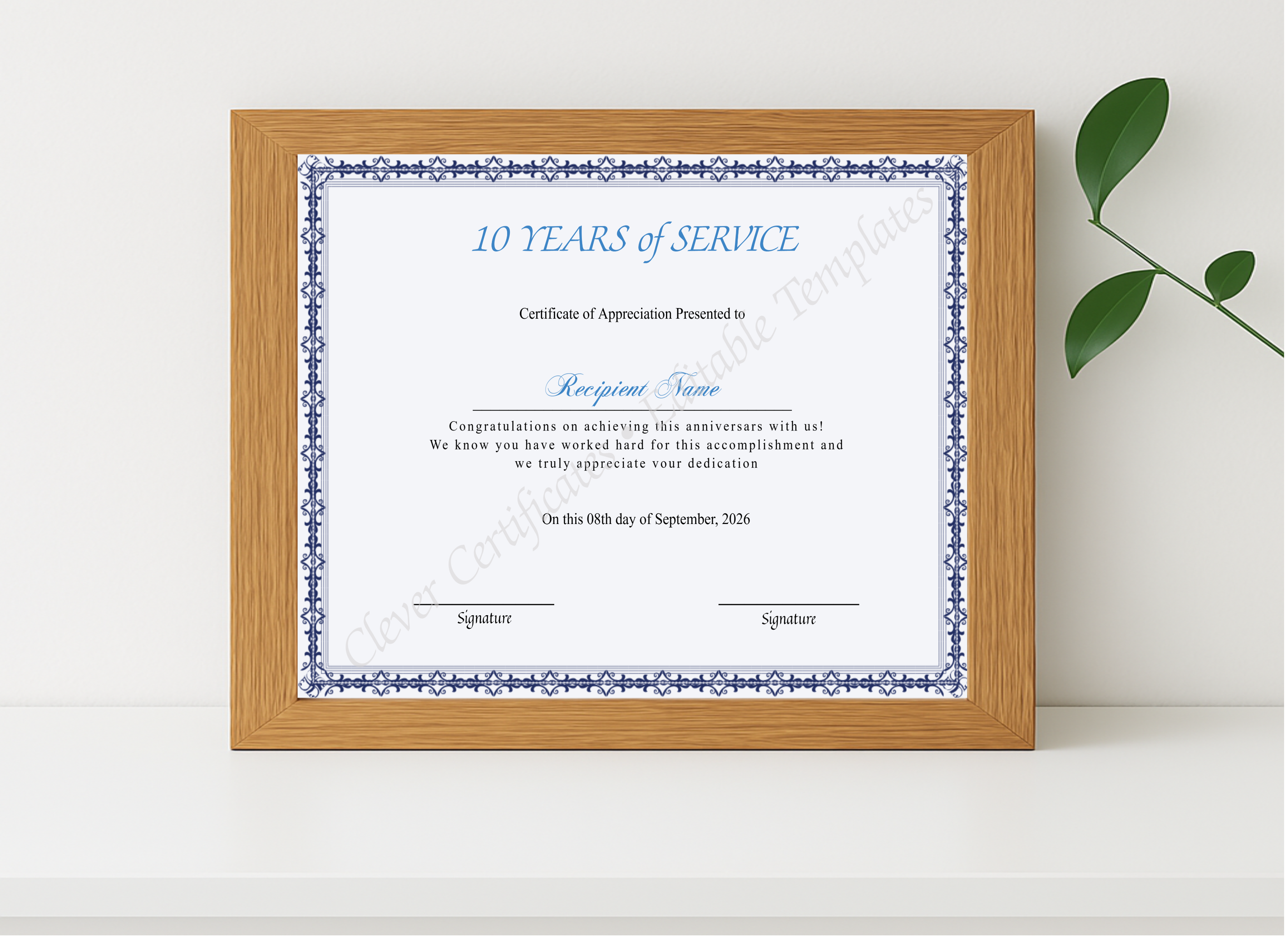 Realistic mockup featuring Certificate Of 10 Years Of Service displayed within a modern frame, set against a minimalistic background.