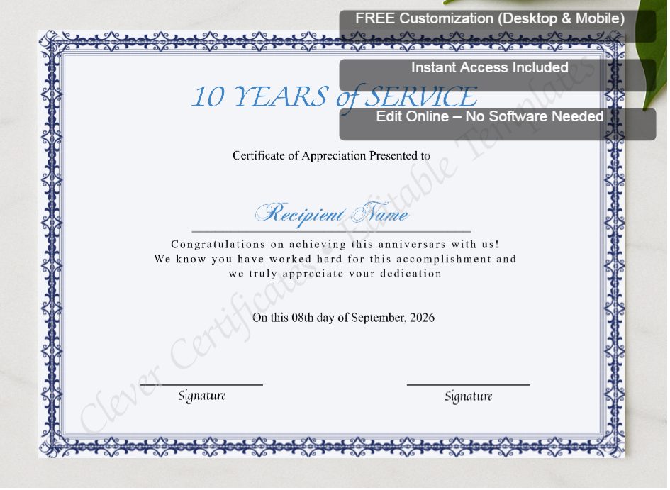 Framed preview featuring Free Editor badge stack for Certificate Of 10 Years Of Service