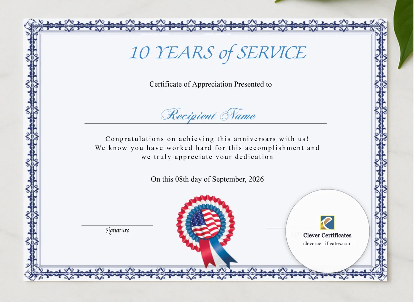 Certificate Of 10 Years Of Service presented in a sleek wooden frame, elegantly arranged on a stylish table.