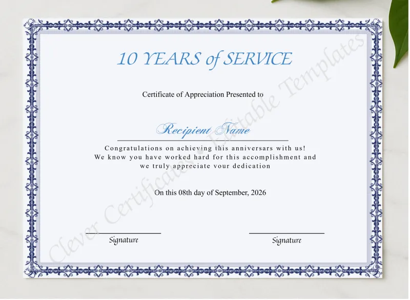 Certificate Of 10 Years Of Service presented in a sleek wooden frame, elegantly arranged on a stylish table.