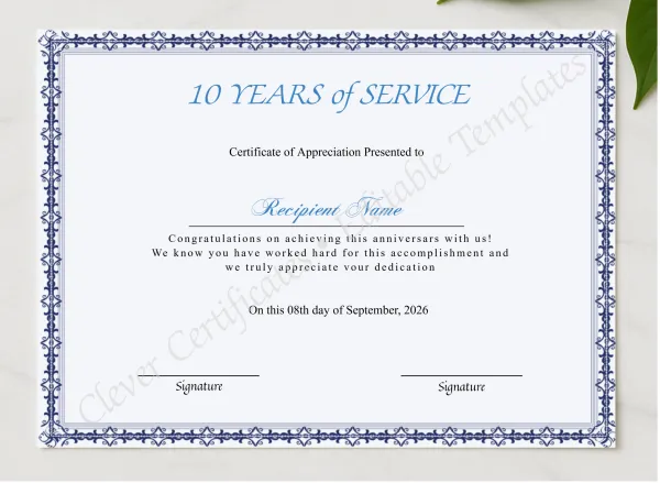 Certificate Of 10 Years Of Service presented in a sleek wooden frame, elegantly arranged on a stylish table.