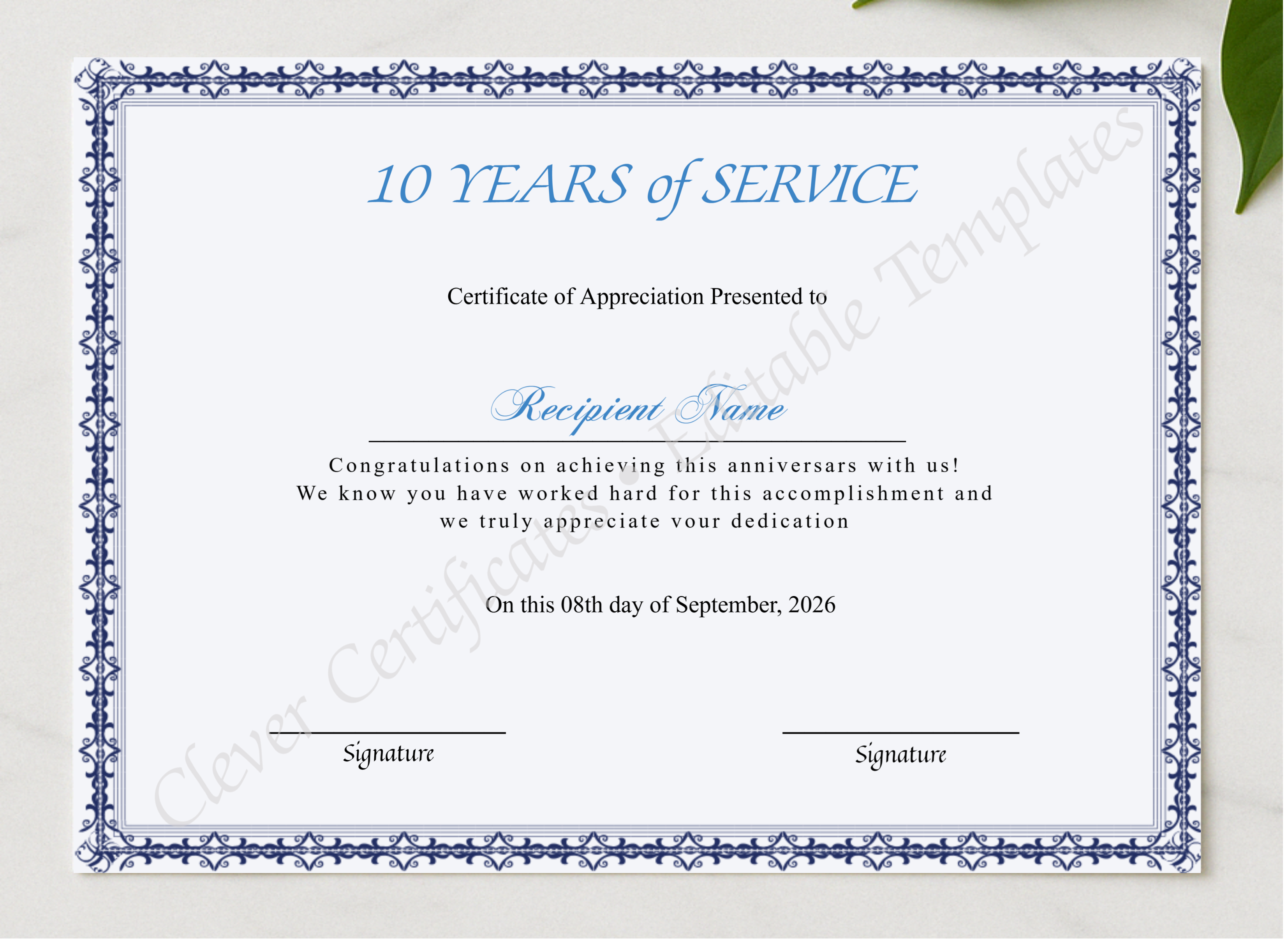 Certificate Of 10 Years Of Service presented in a sleek wooden frame, elegantly arranged on a stylish table.