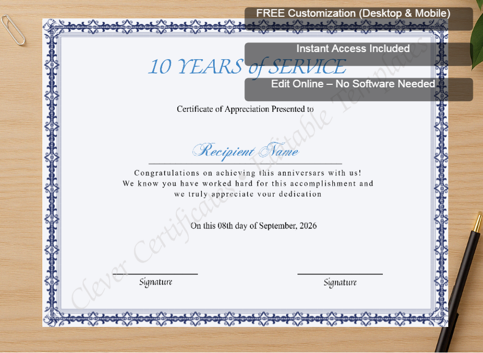 Zoomed preview with Free Editor badge stack for Certificate Of 10 Years Of Service