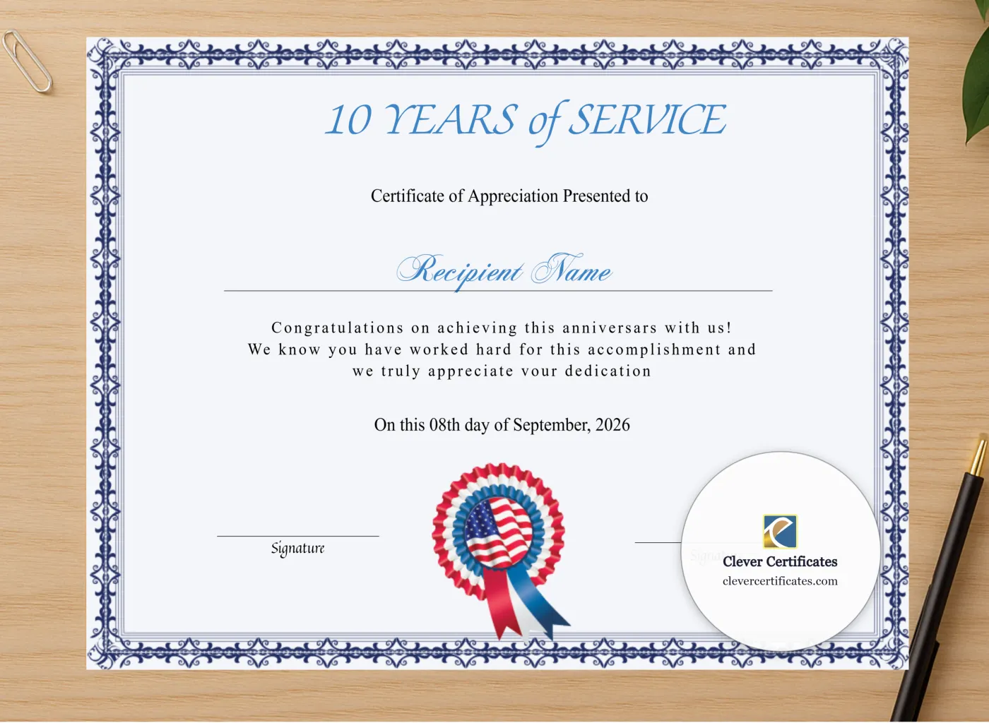Professional preview of Certificate Of 10 Years Of Service certificate on high-quality stationery paper, ideal for showcasing the final look.