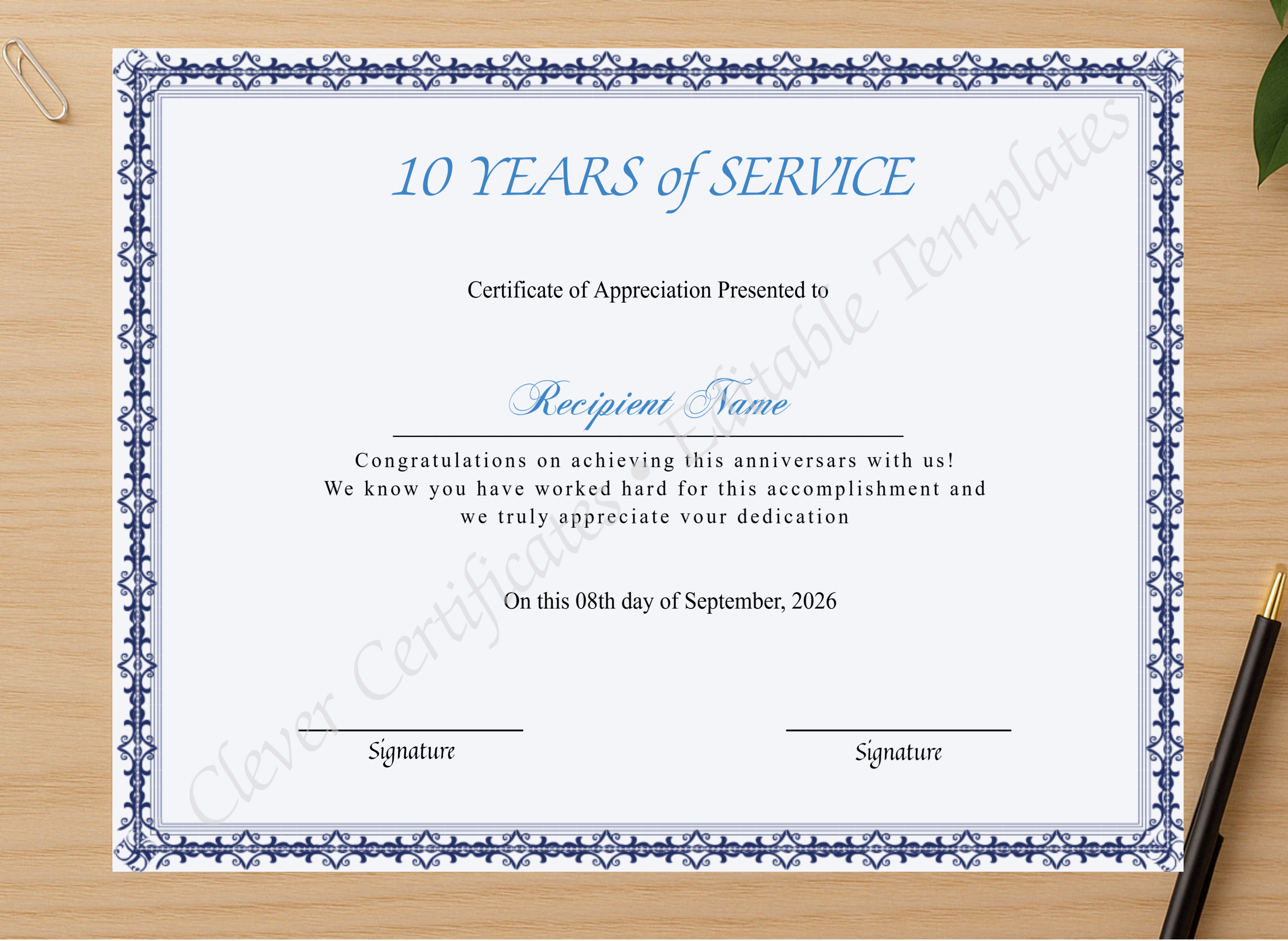 Professional preview of Certificate Of 10 Years Of Service certificate on high-quality stationery paper, ideal for showcasing the final look.