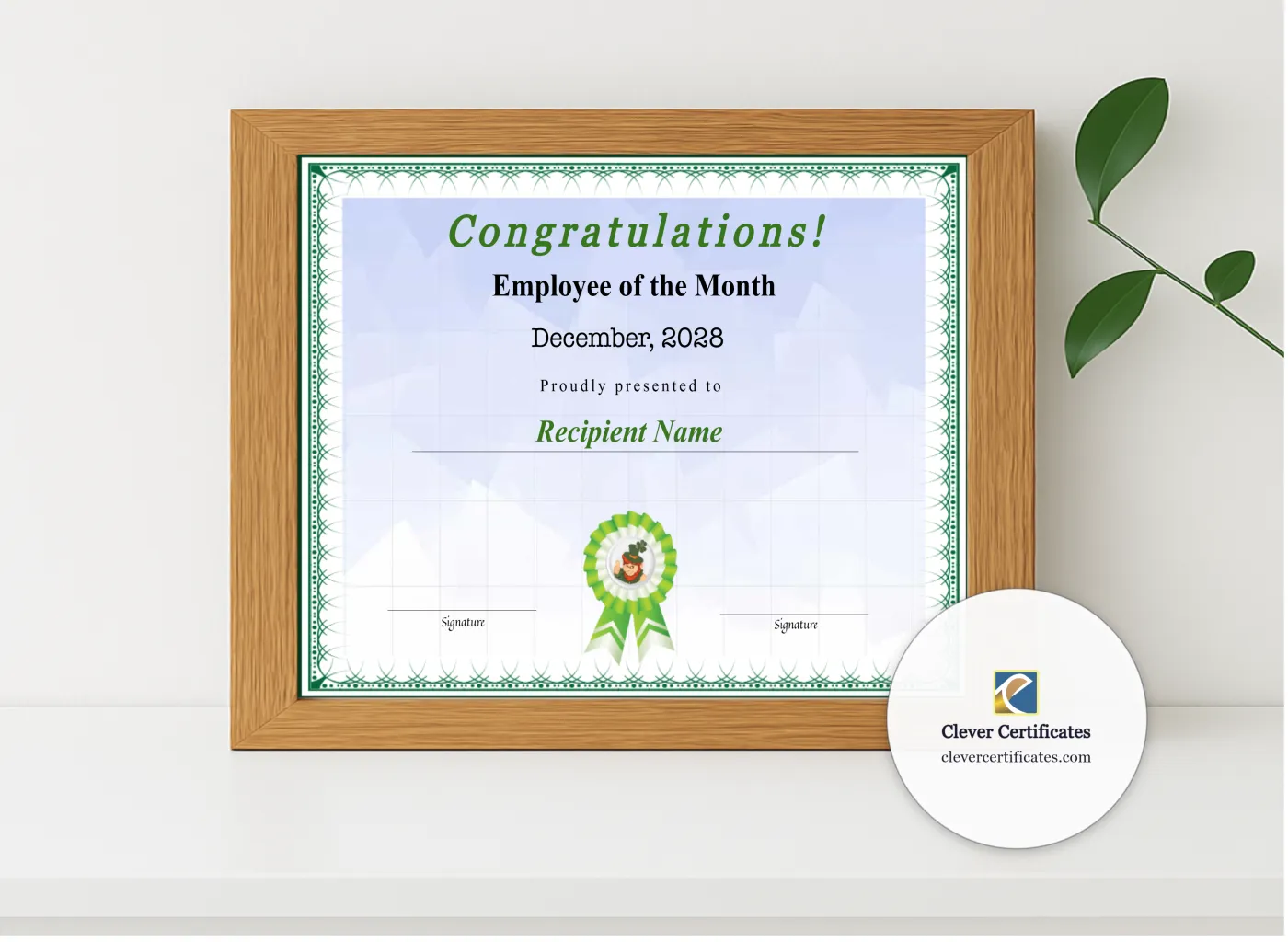Realistic mockup featuring Editable Certificate Of Employee Of The Month displayed within a modern frame, set against a minimalistic background.