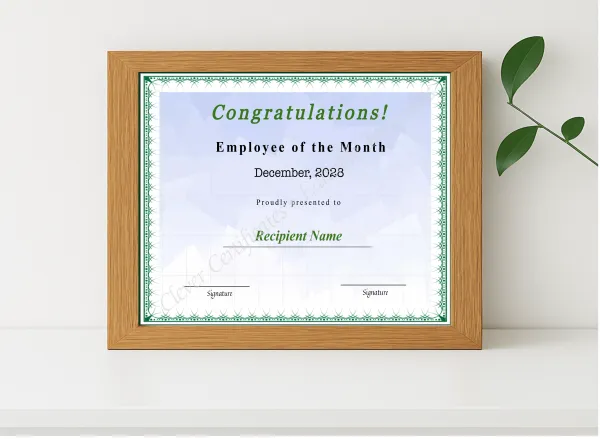 Realistic mockup featuring Editable Certificate Of Employee Of The Month displayed within a modern frame, set against a minimalistic background.