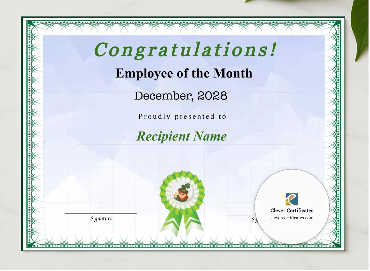 Editable Certificate Of Employee Of The Month presented in a sleek wooden frame, elegantly arranged on a stylish table.