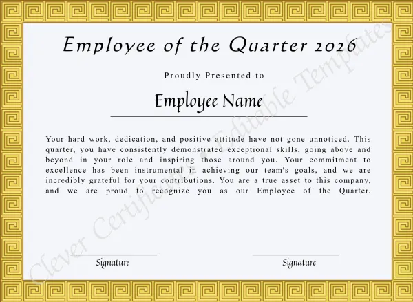 Printable Certificate Of Employee Of The Quarter