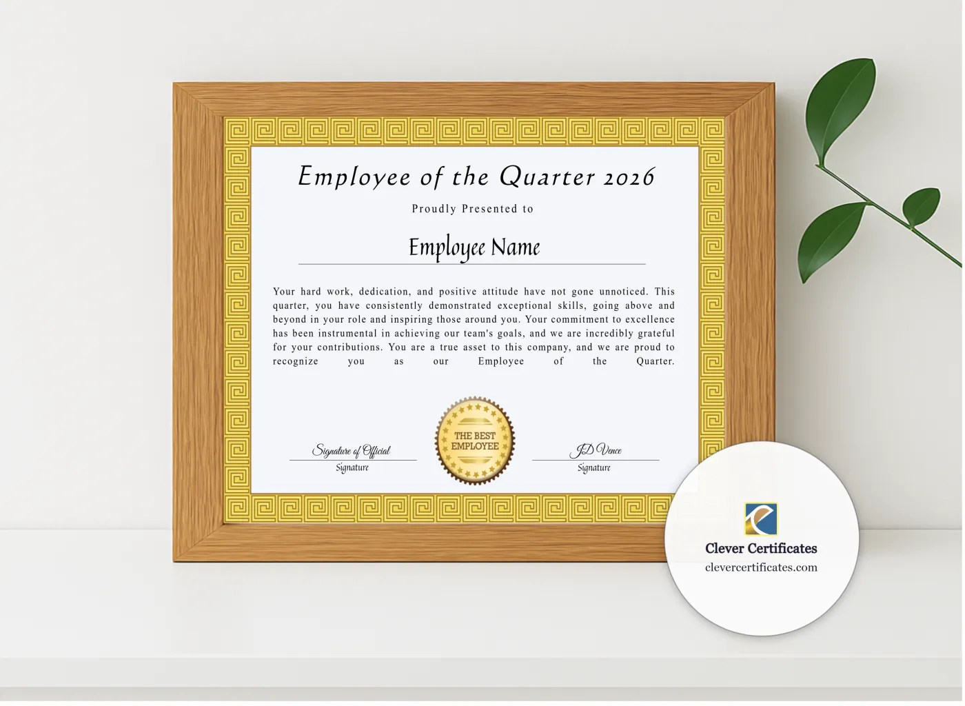 Realistic mockup featuring Printable Certificate Of Employee Of The Quarter displayed within a modern frame, set against a minimalistic background.