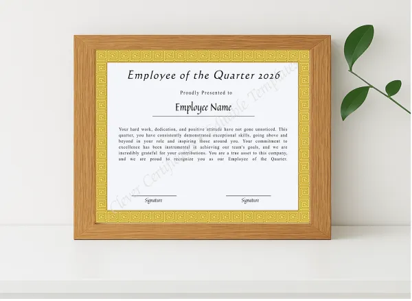 Realistic mockup featuring Printable Certificate Of Employee Of The Quarter displayed within a modern frame, set against a minimalistic background.