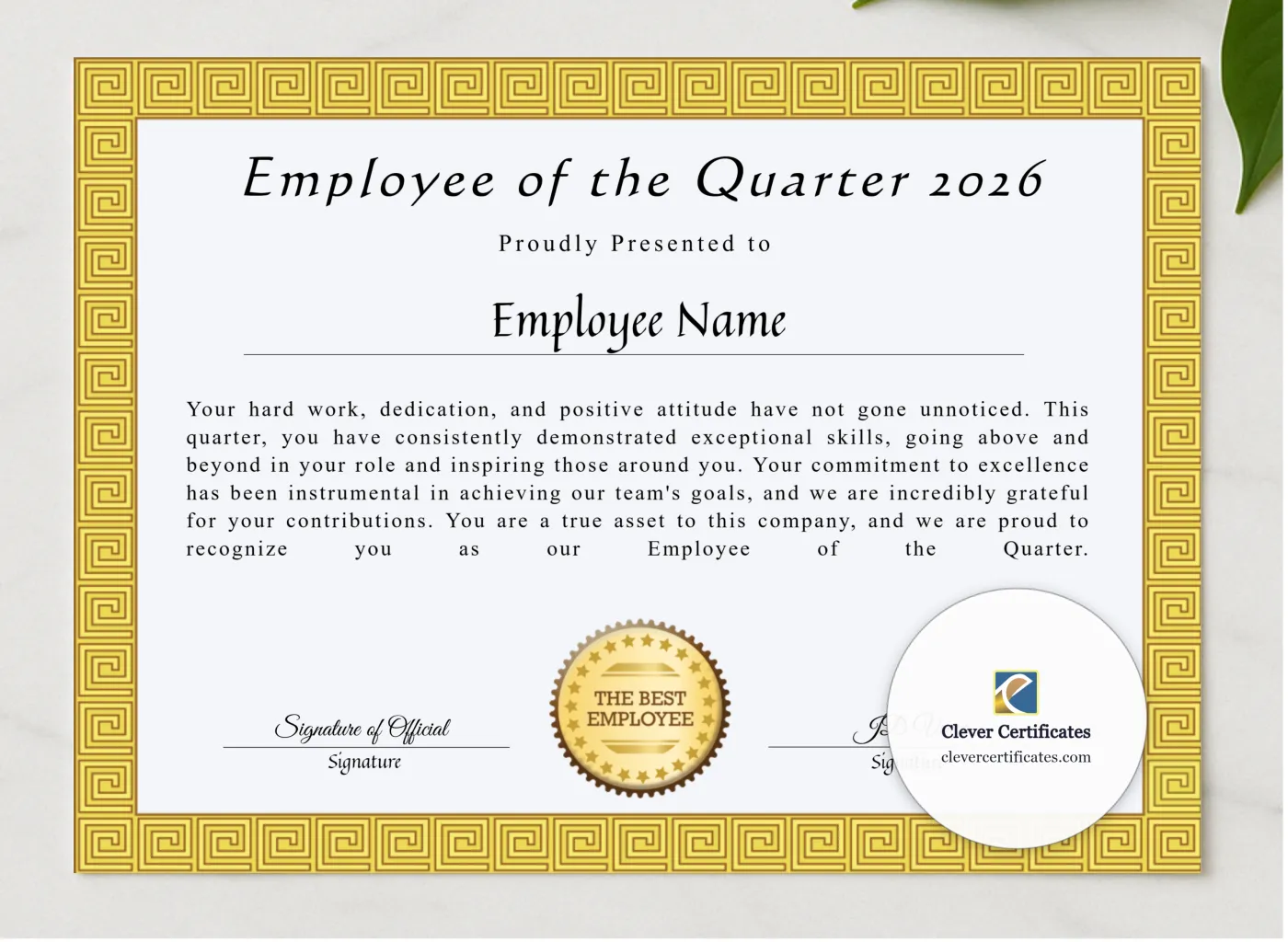 Printable Certificate Of Employee Of The Quarter presented in a sleek wooden frame, elegantly arranged on a stylish table.