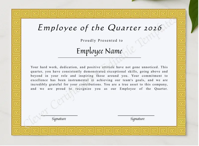 Printable Certificate Of Employee Of The Quarter presented in a sleek wooden frame, elegantly arranged on a stylish table.