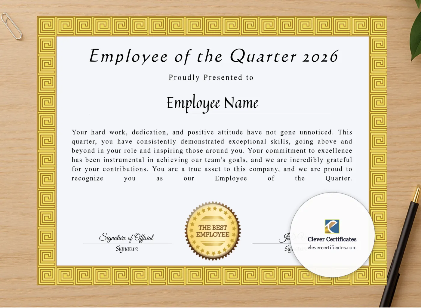 Professional preview of Printable Certificate Of Employee Of The Quarter certificate on high-quality stationery paper, ideal for showcasing the final look.
