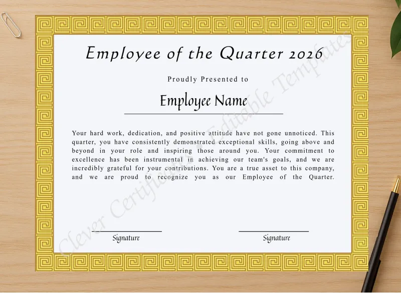Professional preview of Printable Certificate Of Employee Of The Quarter certificate on high-quality stationery paper, ideal for showcasing the final look.