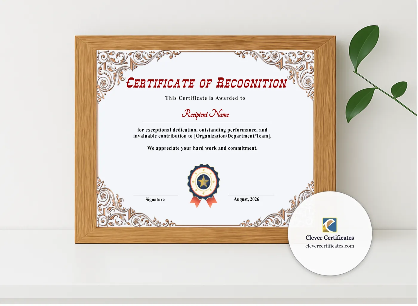 Realistic mockup featuring Printable Certificate Of Recognition displayed within a modern frame, set against a minimalistic background.