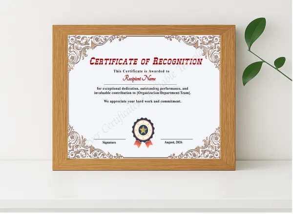 Realistic mockup featuring Printable Certificate Of Recognition displayed within a modern frame, set against a minimalistic background.