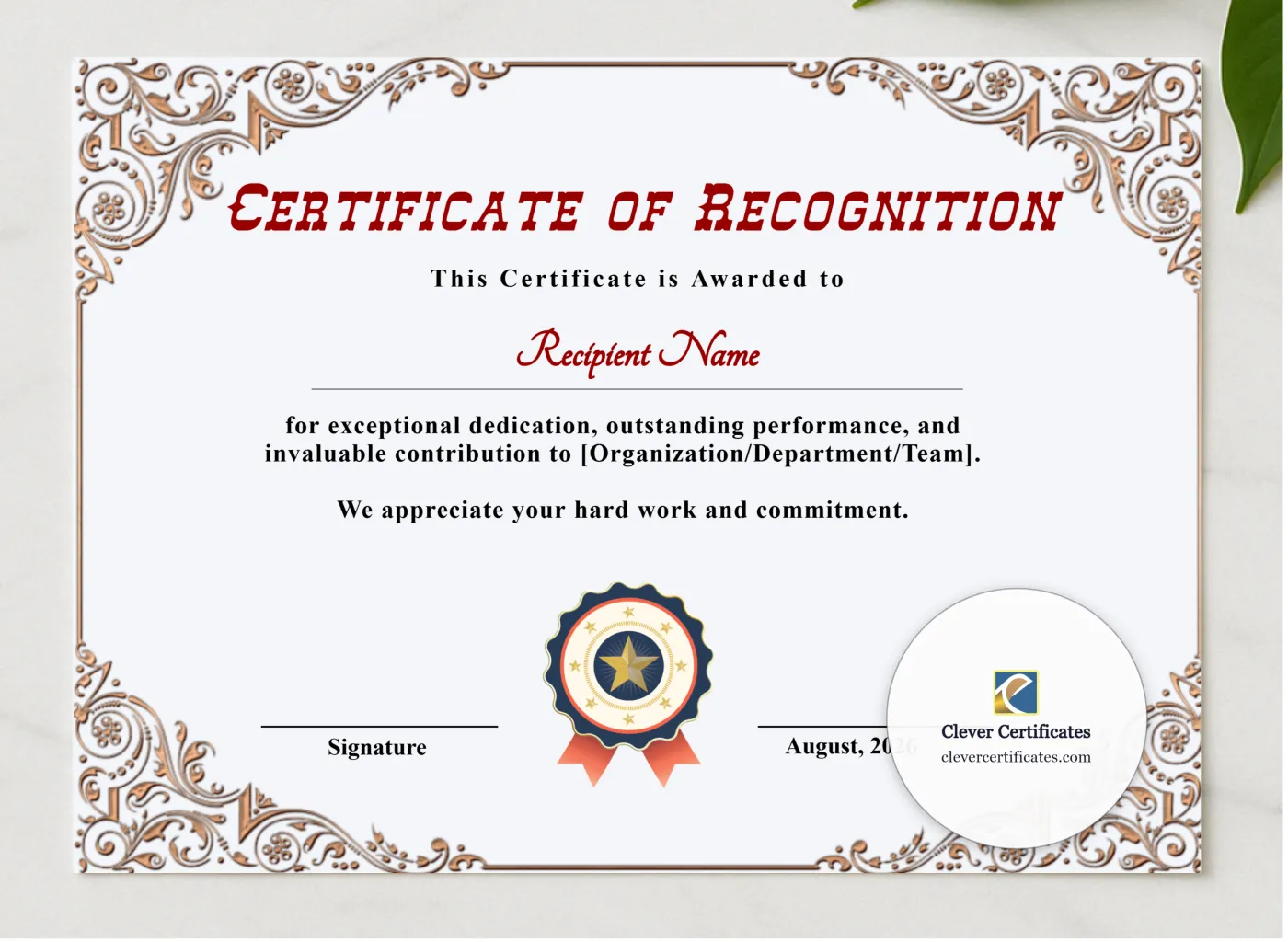 Printable Certificate Of Recognition presented in a sleek wooden frame, elegantly arranged on a stylish table.