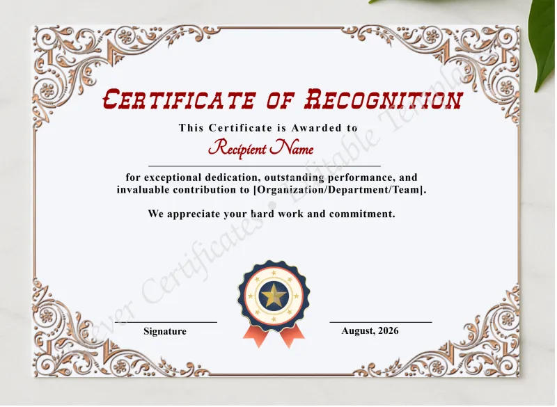Printable Certificate Of Recognition presented in a sleek wooden frame, elegantly arranged on a stylish table.