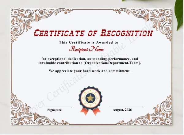 Printable Certificate Of Recognition presented in a sleek wooden frame, elegantly arranged on a stylish table.
