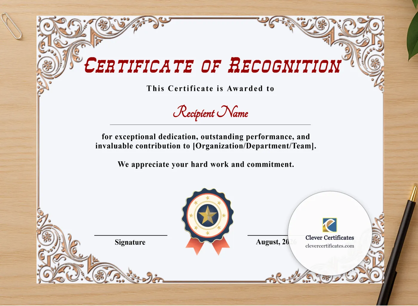 Professional preview of Printable Certificate Of Recognition certificate on high-quality stationery paper, ideal for showcasing the final look.